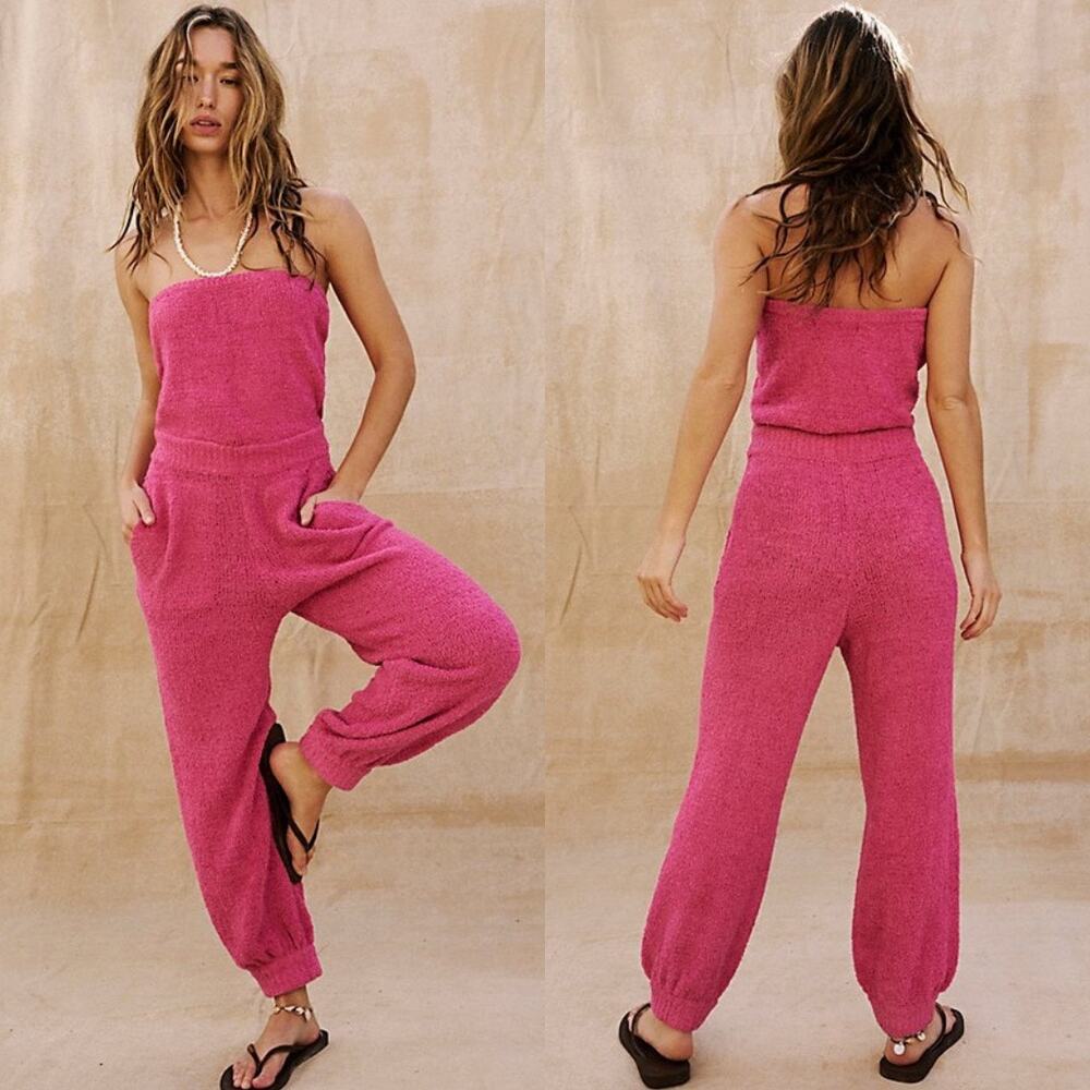 NEW Free People Claire One-Piece XL Jumpsuit Strapless Terry Soft Barbiecore